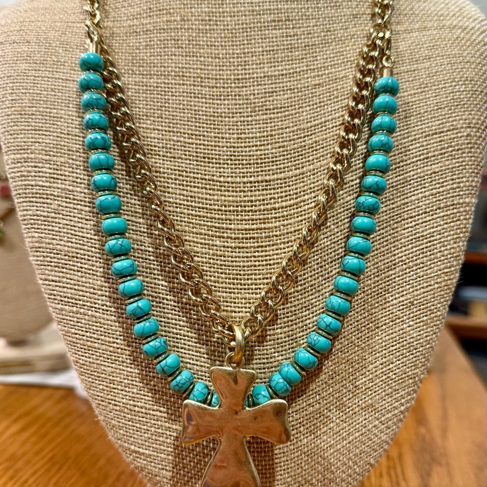 Gold and Turquoise Cross Pendant Necklace